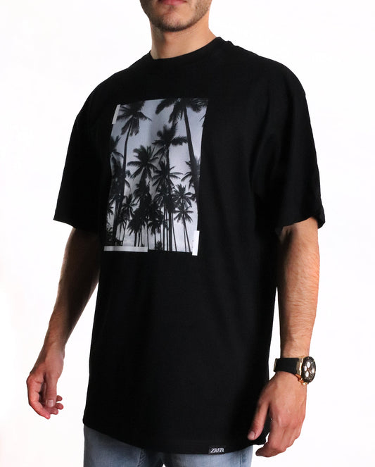 Unisex Oversize Shirt schwarz mit Palmenaufdruck und Rückenprint