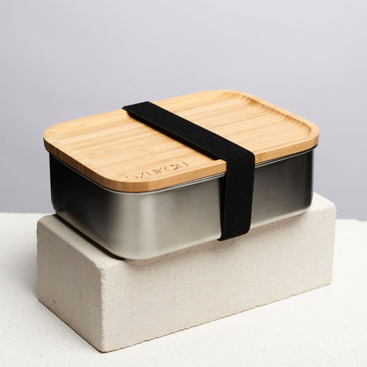 Edelstahl Lunchbox mit Bambusdeckel und schwarzem Gummiband ohne Bambusbesteck